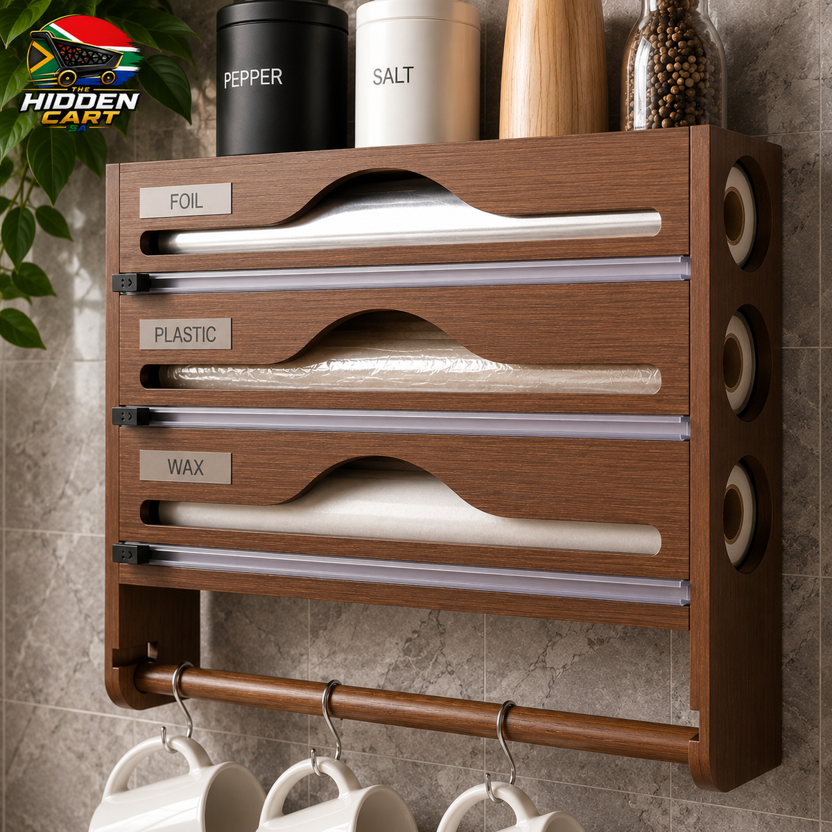 The Hidden Cart™ 3-in-1 Bamboo Wrap Dispenser & Kitchen Organizer | Foil, Plastic & Wax Storage