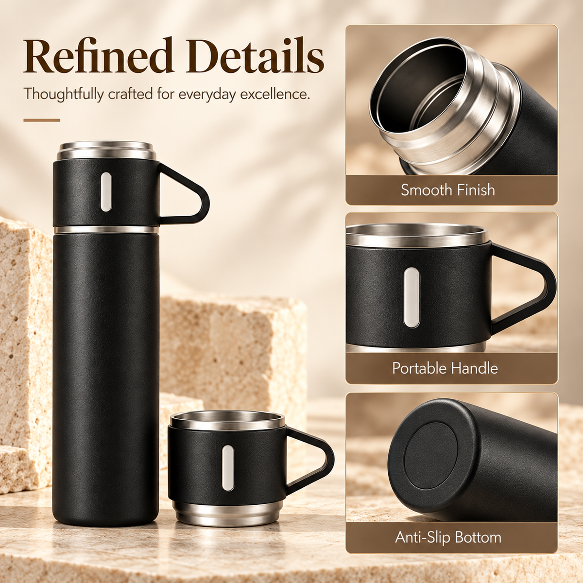 The Hidden Cart™— 500ml Insulated Flask & 3-Cup Gift Set