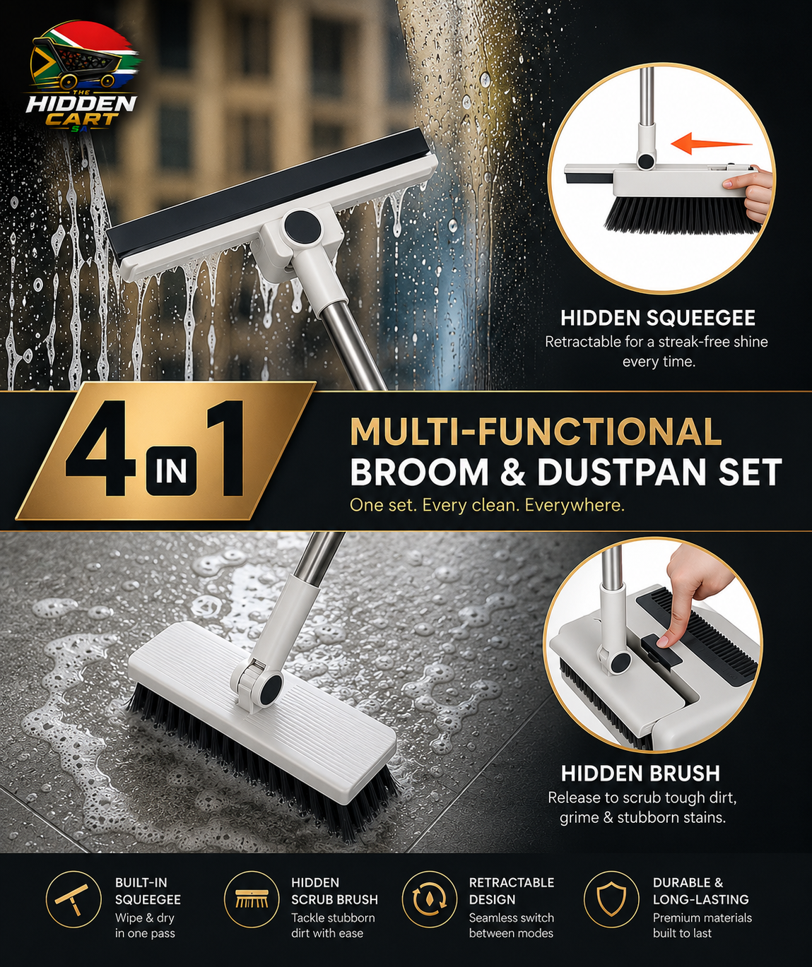 The Hidden Cart™ 4-in-1 Smart Cleaning Set | Broom, Dustpan, Hidden Brush & Squeegee