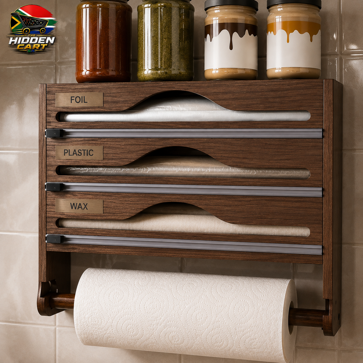 The Hidden Cart™ 3-in-1 Bamboo Wrap Dispenser & Kitchen Organizer | Foil, Plastic & Wax Storage
