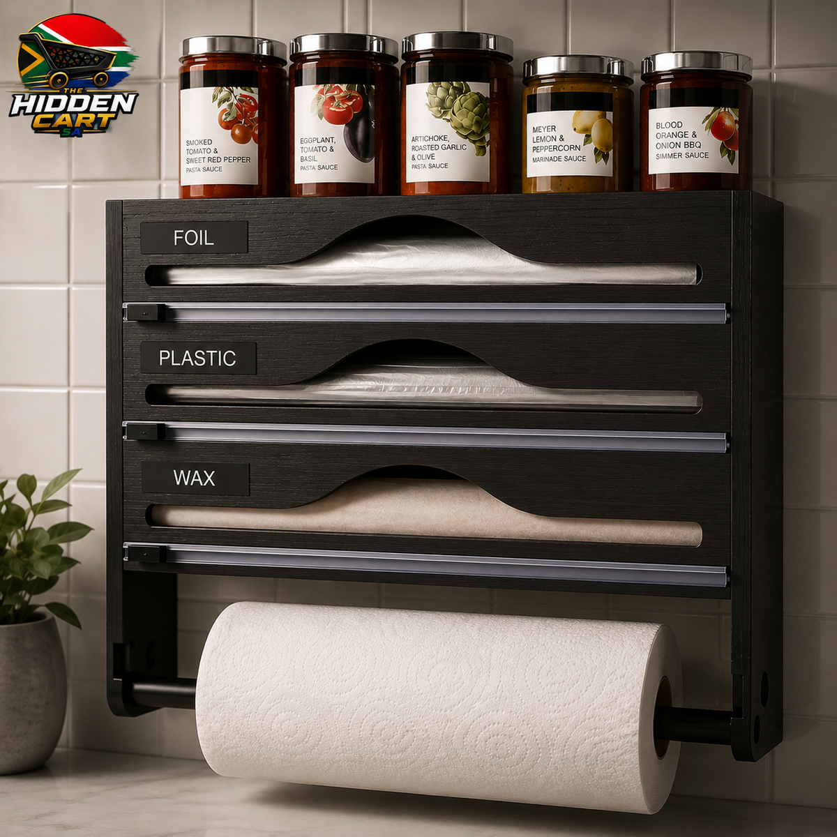 The Hidden Cart™ 3-in-1 Bamboo Wrap Dispenser & Kitchen Organizer | Foil, Plastic & Wax Storage